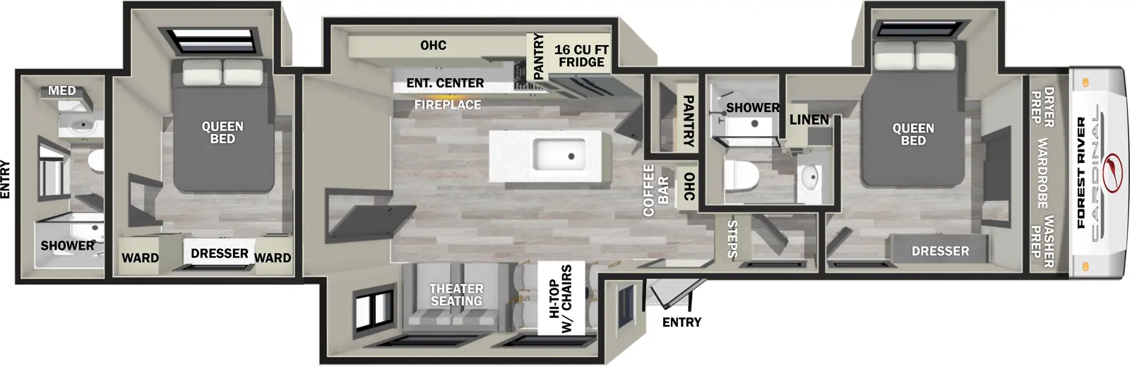 The 402BEDS has four slideouts and two entries. Interior layout front to back: wardrobe, off-door side queen bed slideout and linen closet, and door side dresser; off-door side full bathroom; steps down to main living area and entry; coffee bar with overhead cabinet and pantry along inner wall; off-door side slideout with refrigerator, pantry, kitchen counter with cooktop, overhead cabinet, and entertainment center with fireplace; kitchen island with sink; door side slideout with hi-top with chairs, and theater seating; bedroom with off-door side queen bed slideout, and door side dresser with wardrobes on each side; rear full bathroom with medicine cabinet and rear second entry.